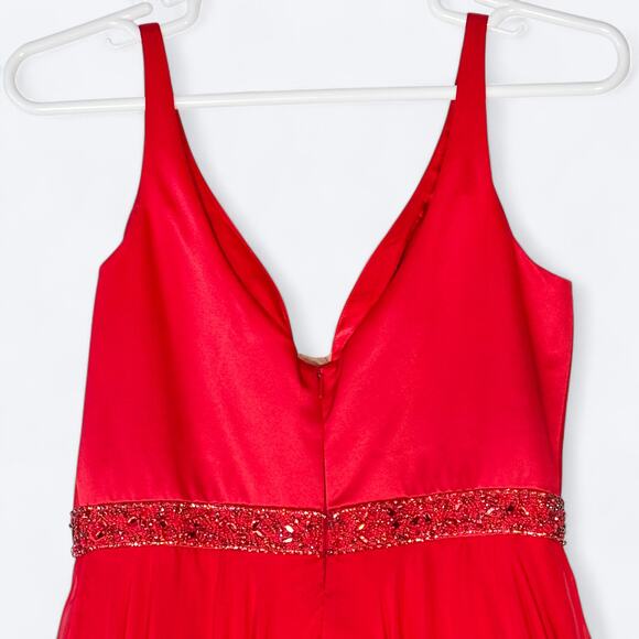 Sherri Hill Red Satin Chiffon Beaded Gown Prom Gown Womens 14 Romantic Y2K Glam - Picture 4 of 7